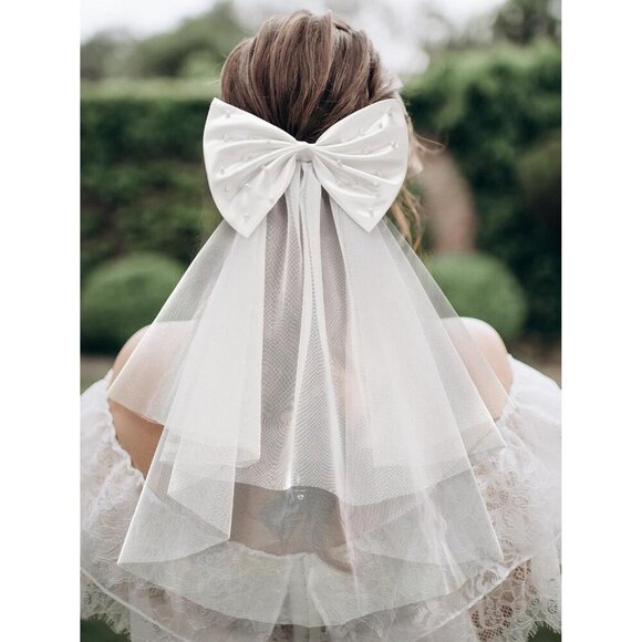 🆕 Women White Hair Bow Veil Bow Clip Bachelorette Decorations Pearl Accessories - Picture 2 of 9